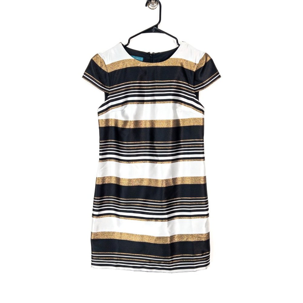 Pim + Larkin‎ Mini Dress Size Small S Cap Sleeve Gold Black White Crew Neck